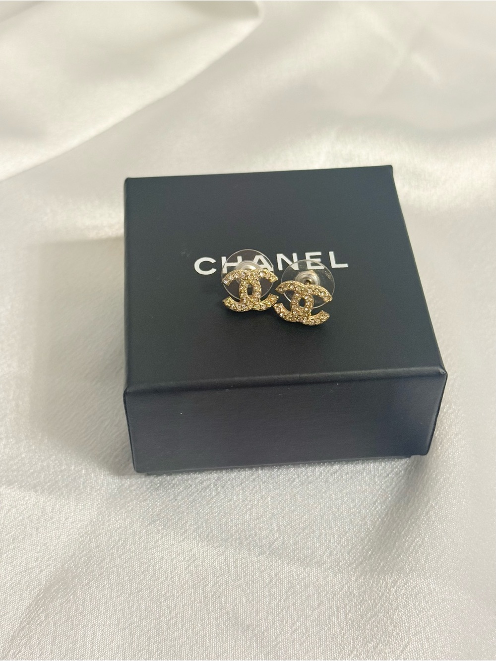 CHANEL Mini Gold Crystal CC Logo Stud Earrings